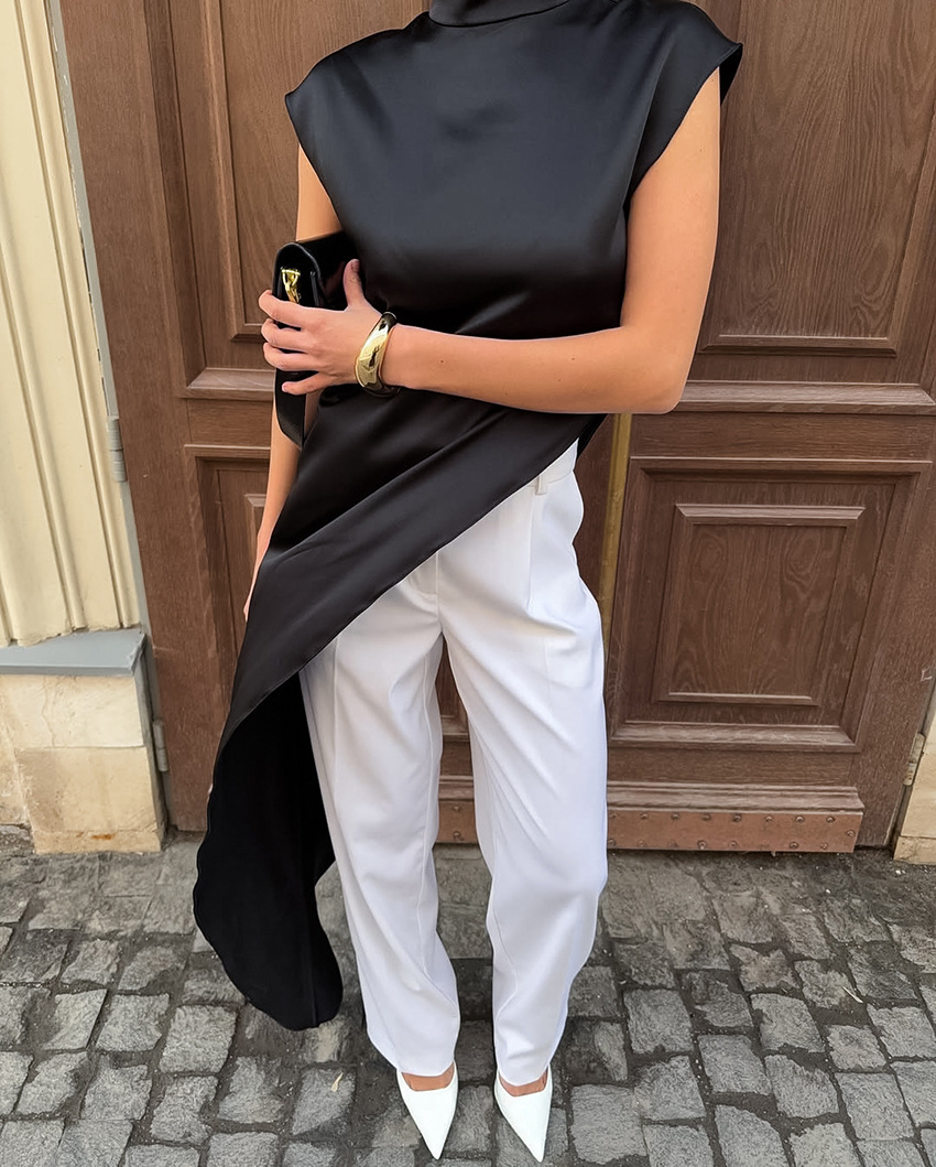 BKLD été Satin ample col roulé sans manches robe noire mode asymétrique tenue décontractée fête Clubwear vêtements pour les femmes