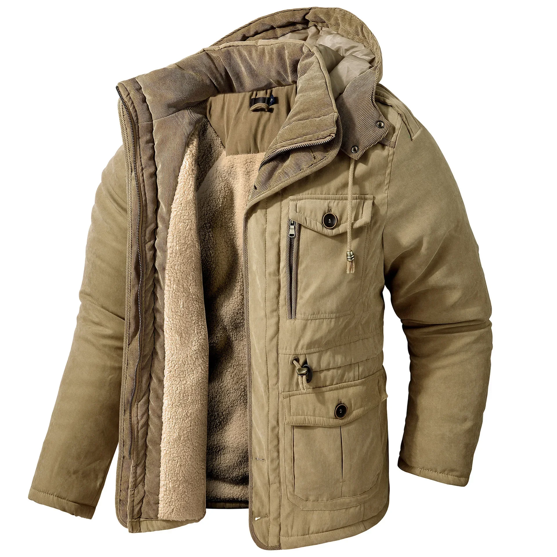 Veste pour hommes manteaux d'hiver taille américaine grande taille vestes en polaire d'agneau à capuche coton épaissi Multi poche décontracté manteau mi-long