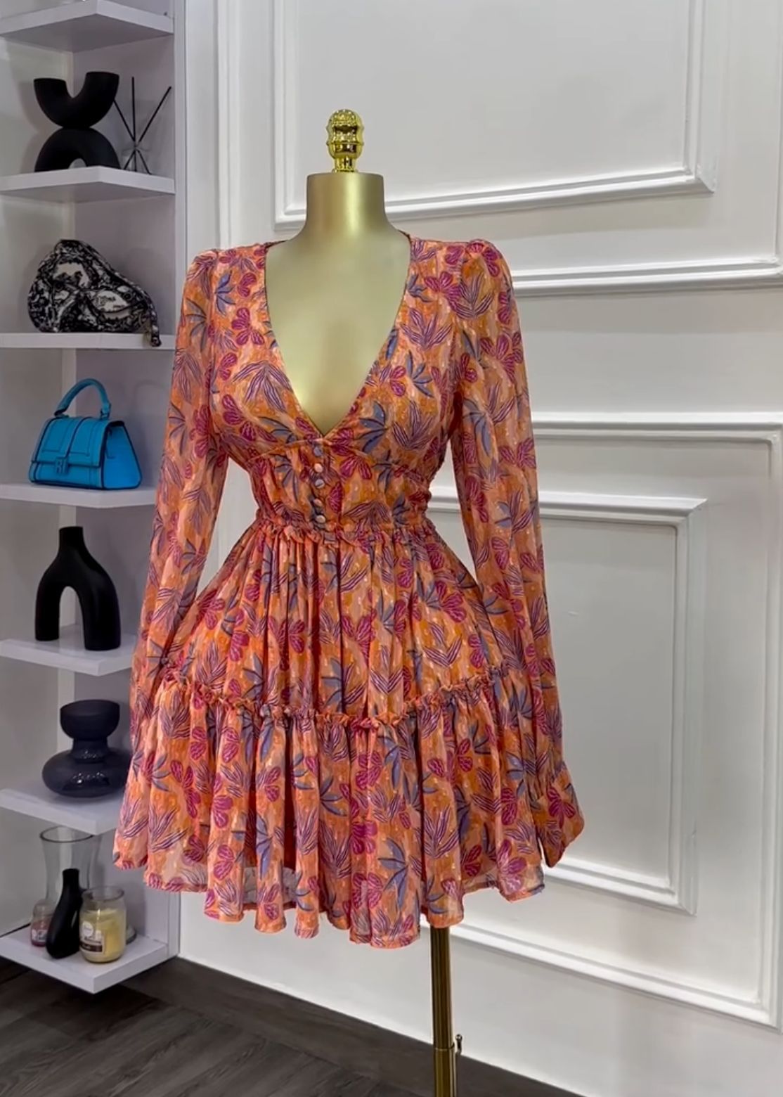 Robe Courte Femme Imprimé Floral Y2K Streetwear Col V Manches Longues Taille Haute Élégante pour Soirée et Travail