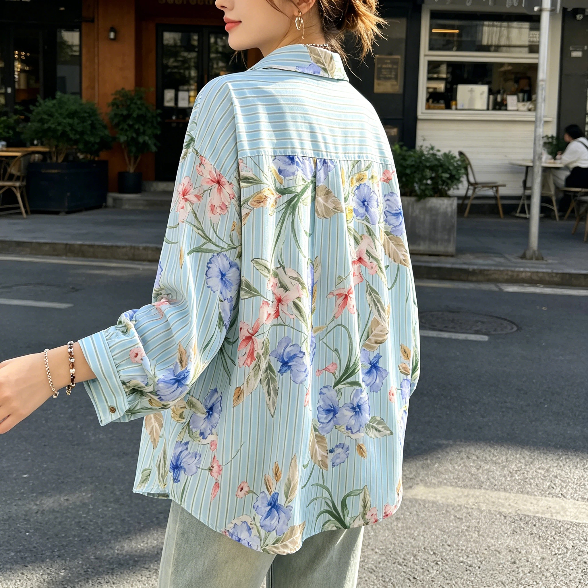 Nouvelle chemise pour femme à imprimé floral, en satin de soie, à manches longues, coupe ample, respirante, douce pour la peau, printemps-été
