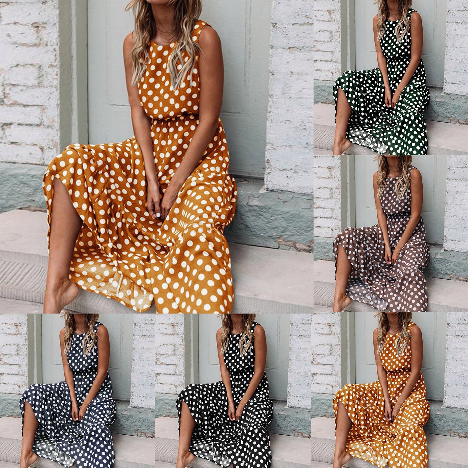 Robe d'été style Boho à pois pour femmes, Maxi, longue, Sexy, élégante, sans manches, avec ceintures, robe De soirée