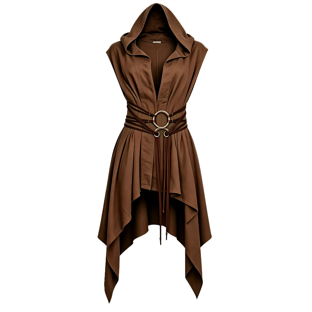 (Sans accessoires) Tabard médiéval à capuche pour femme, robe sans manches de style Renaissance, tenue viking, costume d'assassin pour Halloween, cosplay