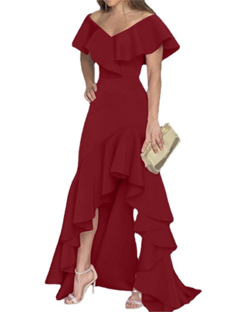 Robe longue de soirée élégante pour femmes, mode élégante, col en V, Slim, portefeuille aux hanches, couleur unie, manches à volants, été, 2025