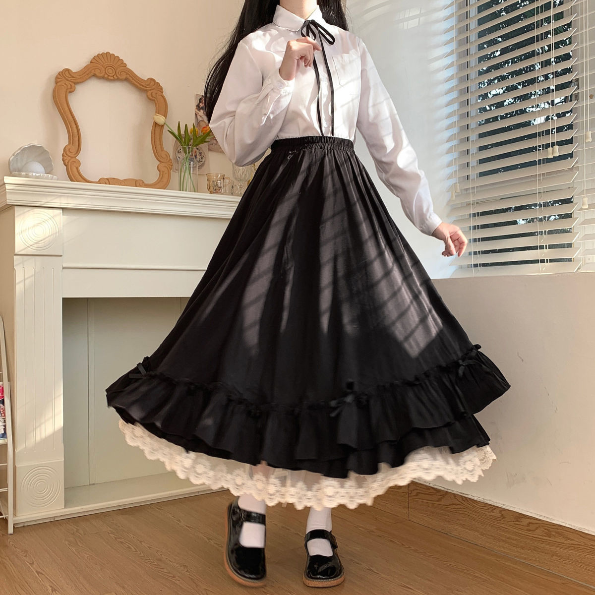 Jupe femme Vintage français élégant à volants Double couche demi-jupe Lolita jupes longues femmes mode 2023 a-ligne jupe plissée