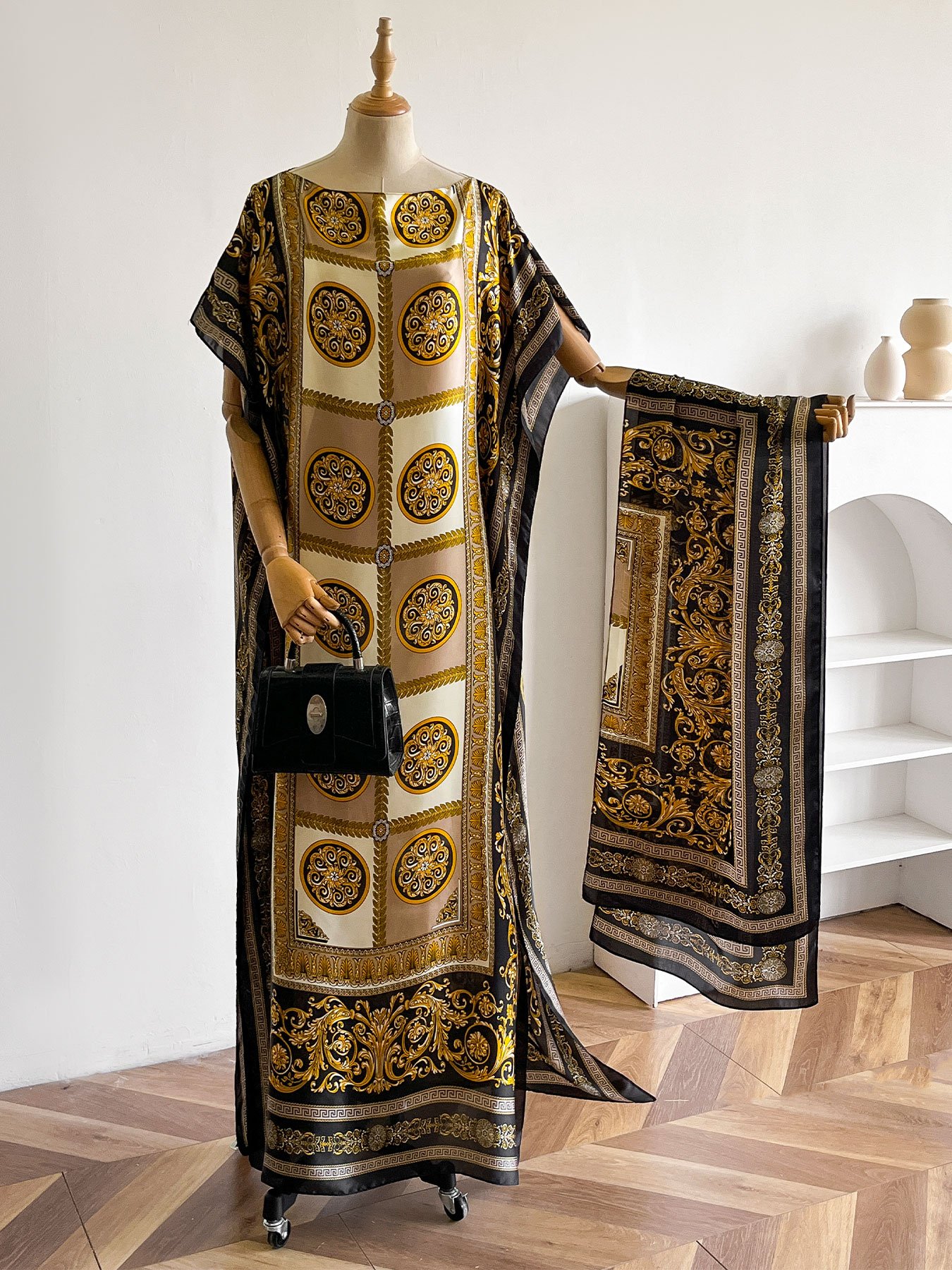 Abaya vintage baroque à imprimé satiné avec foulard, kaftan maxi ample pour femmes musulmanes africaines, tenue d'été pour la plage et les vacances