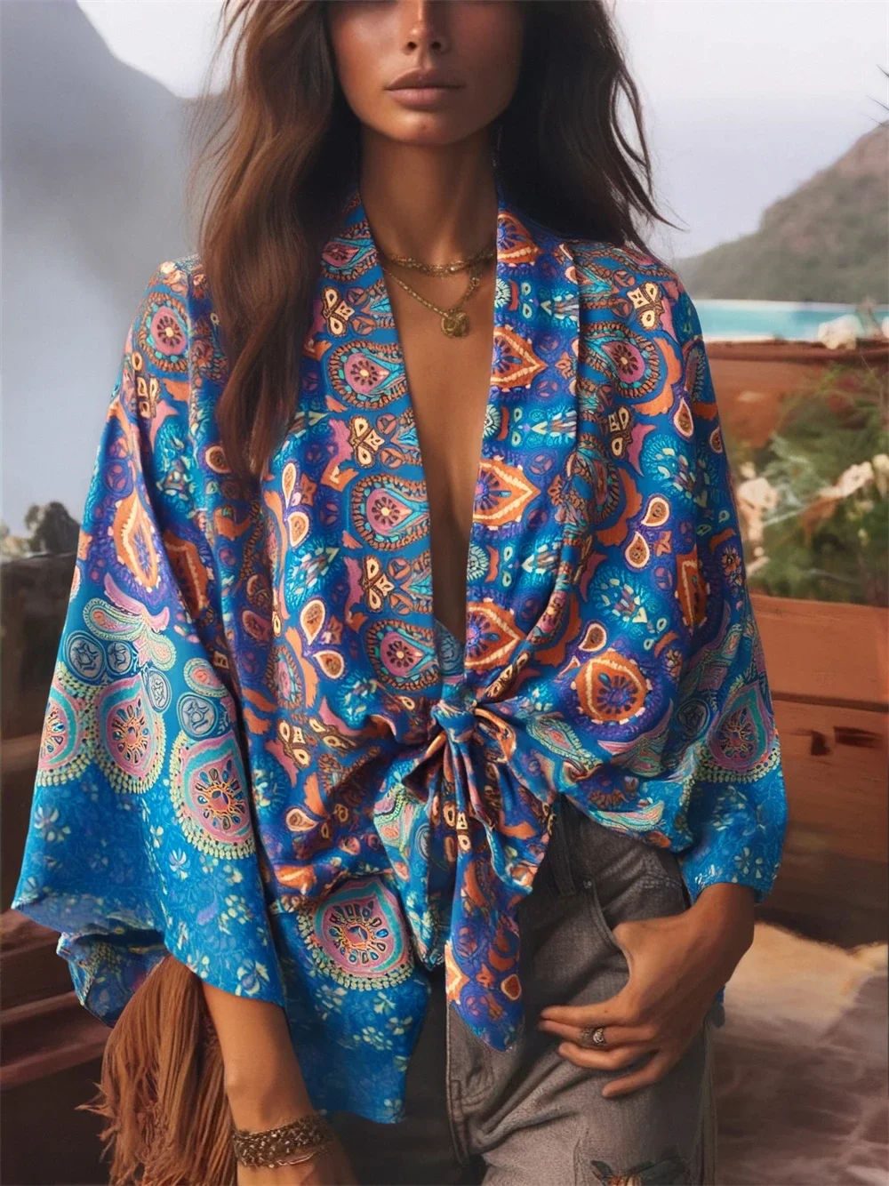 Boho Queens femmes mode Kimono Robe courte 2025 manches chauve-souris florales rayonne bohème Bikini couvrir vêtements de plage