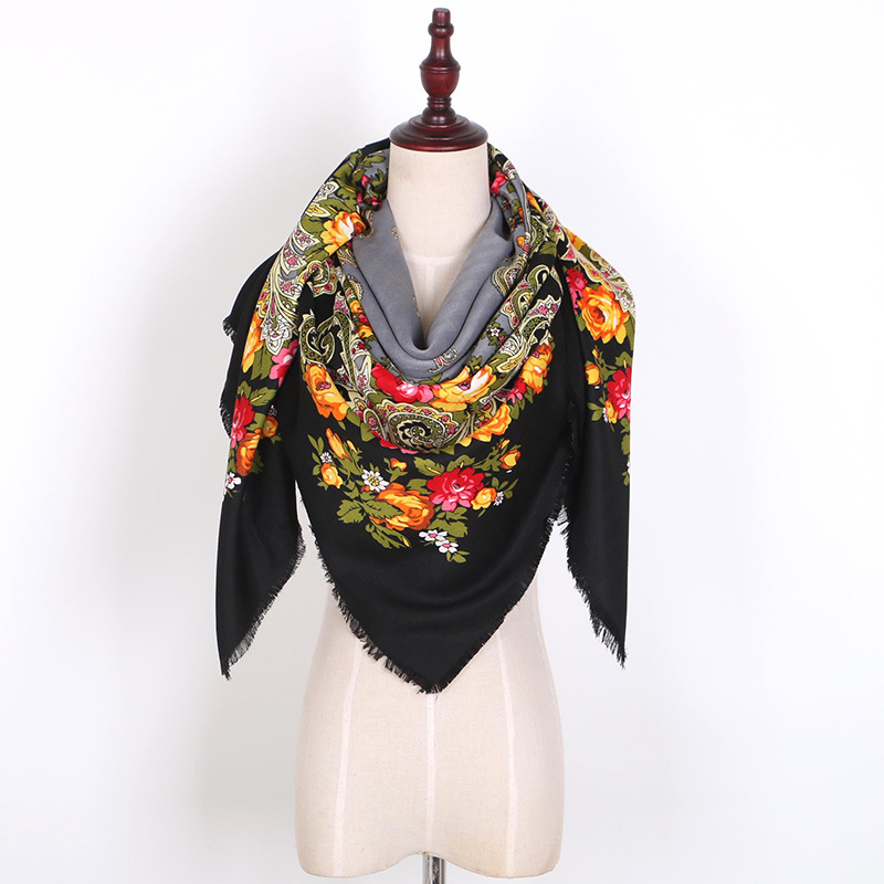 Écharpe carrée de grande taille pour femmes russes, Bandana de luxe à imprimé Floral, châle National rétro à pompon court