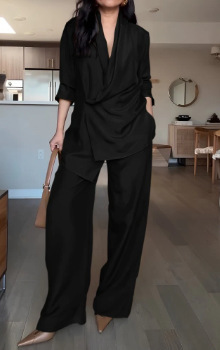 Femmes pantalons 2 pièces ensembles haut chemisier jambe large pantalon tenues plis col en V bouton bureau dame Ensemble femme 2025 automne costume