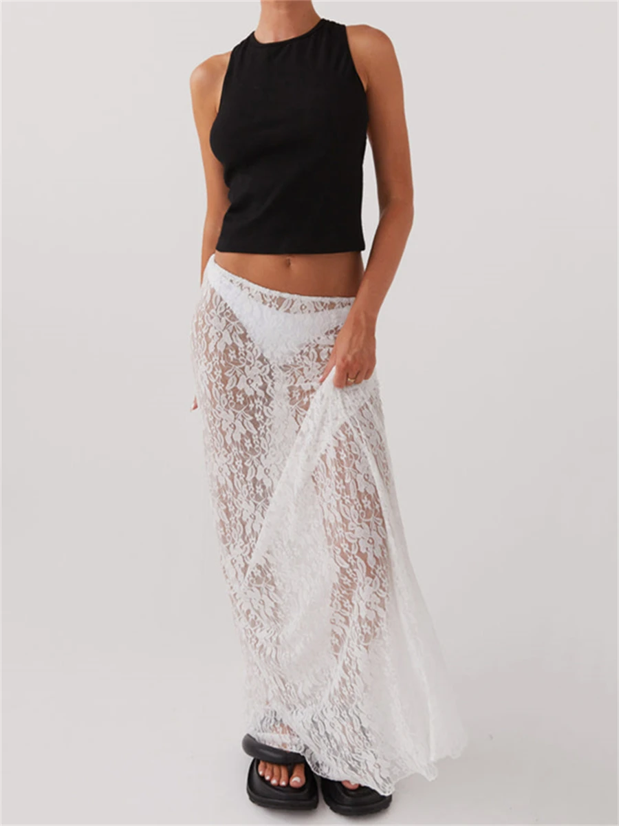 Jupe longue en dentelle pour femme, taille basse, ligne A, midi, élégante, soirée sur la plage, été, Y2K