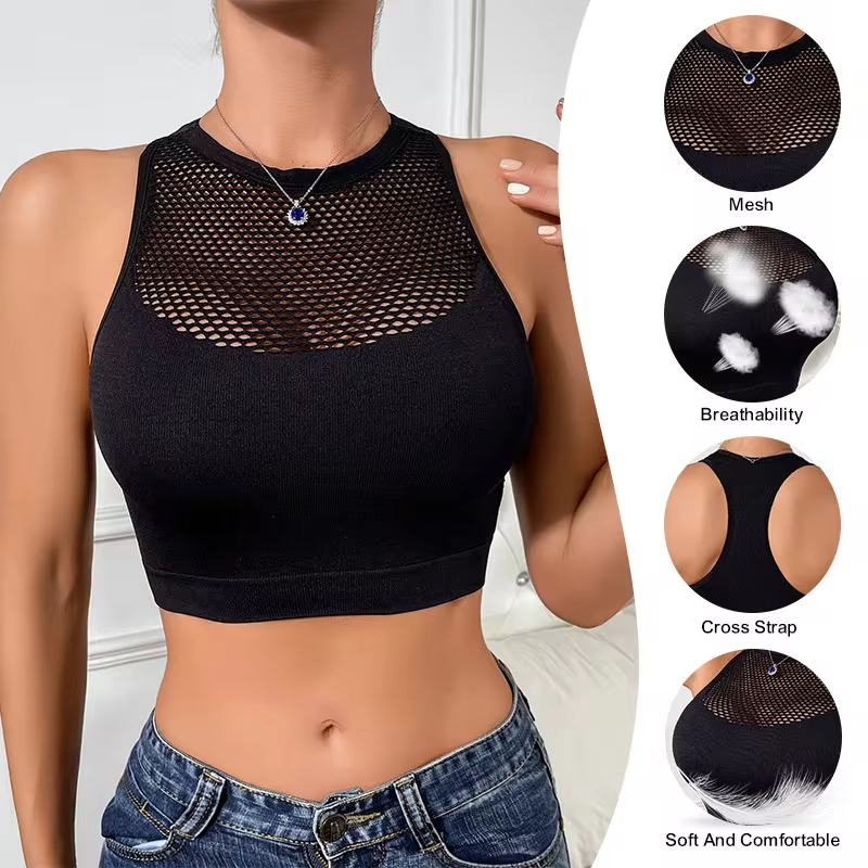 Haut court évidé en résille pour femmes, vêtements d'extérieur pour femmes, débardeurs décontractés confortables, émail chic, vêtements de sport pour femmes