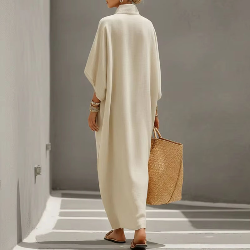 Robe longue bohème pour les vacances d'été, robe de soirée élégante à col montant et boutons pour femme, robe maxi ample à manches chauve-souris pour le printemps