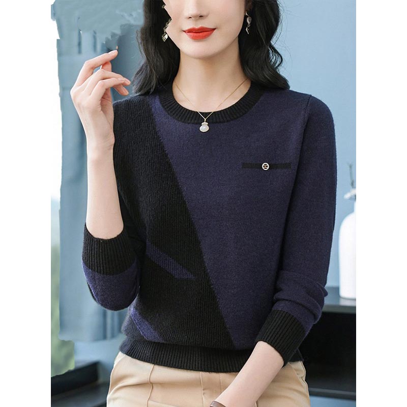 Vêtements pour femmes Vintage mode tricot laine pulls automne hiver nouveau élégant Chic Patchwork col rond chandails dame tout-match haut