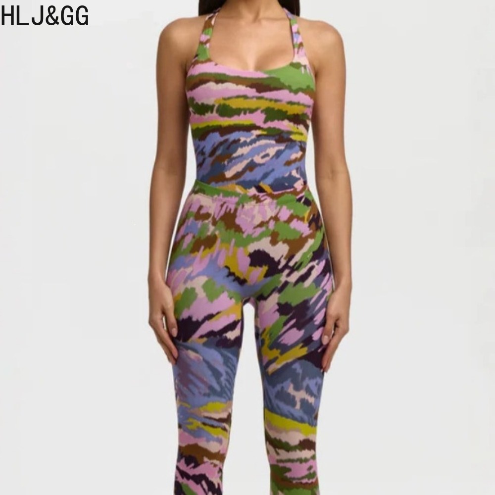 HLJ&GG – body imprimé peinture à l'huile, ensemble deux pièces pour femmes, haut sans manches et pantalon slim, tenue tendance, 2 pièces, Streetwear