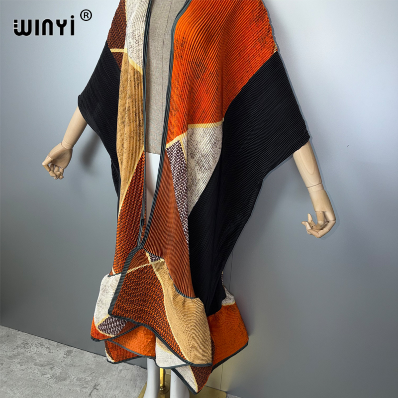 Kimono WINYI tendance pour femme, cardigan plissé imprimé, long manteau abaya, vêtement de plage de luxe Dubaï, robe bohème, caftan