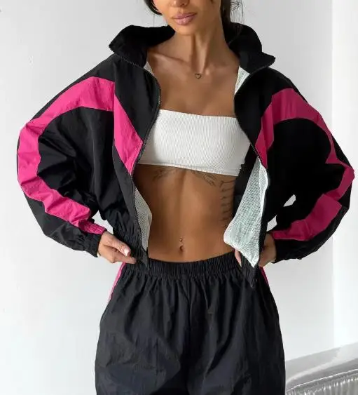 Tenues décontractées pour femmes, ensembles deux pièces, cardigan sport à manches longues contrastées et pantalon, ensemble de style streetwear pour vêtements féminins