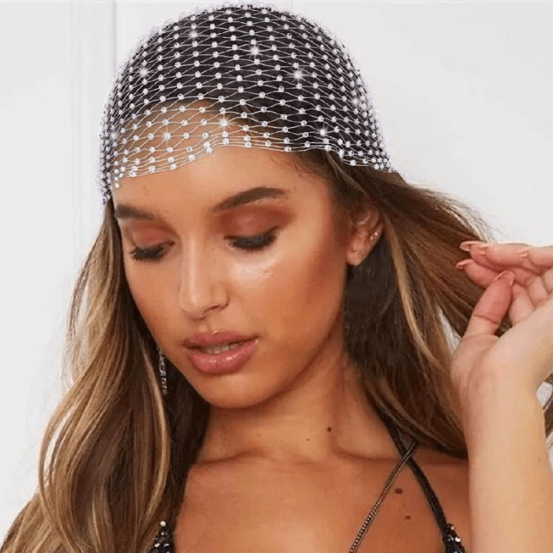 Écharpe de cheveux en résille ornée de cristaux de strass, bandeau en voile de maille scintillante, bandeau élastique pour dames, danse, mariage 1 pièce