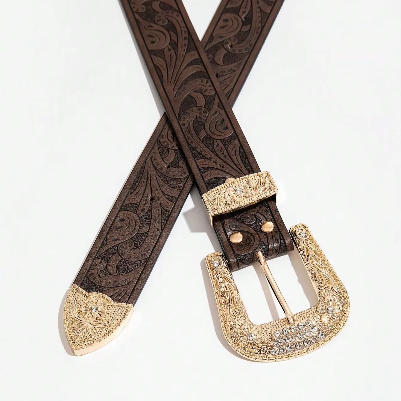 Ceinture marron vintage sculptée de style occidental pour femme, 1 pièce, ceinture accessoire décontractée et polyvalente pour jeans, adaptée aux trajets quotidiens