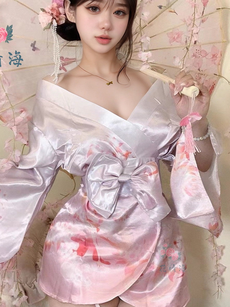 Kimono élégant de Style japonais, Sexy, décolleté en V profond, imprimé Floral, peignoir pour Couple, vêtements de nuit érotiques, robe à nœud, pur désir charmant 0LRL