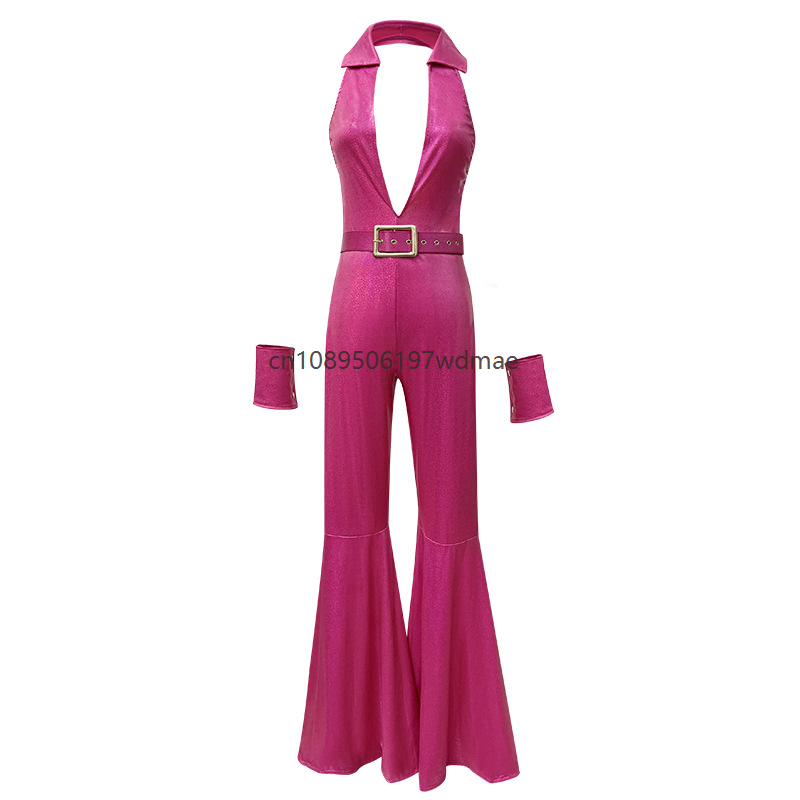 Costume de fête hippie, tenue disco cool, vêtements rétro pour femmes, masque, pantalon évasé hip-hop, combinaison pour performance de scène en boîte de nuit