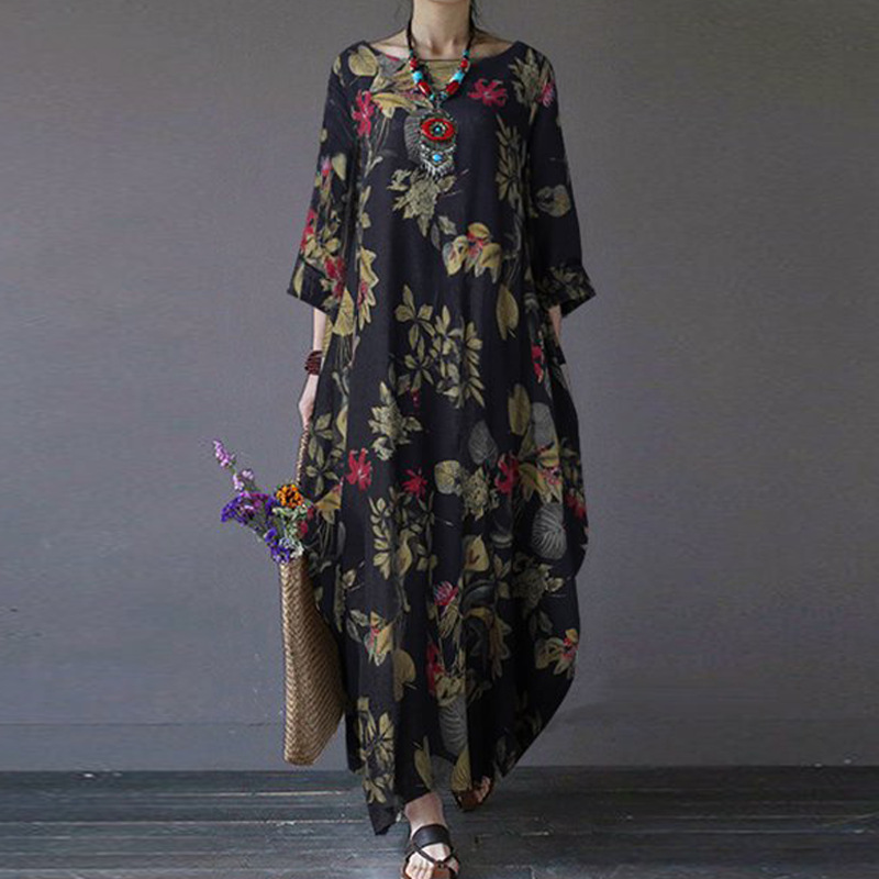 Robe florale élégante en coton et lin pour femmes, tenue de soirée à manches courtes, décontractée, vacances, style Boho, imprimée, été