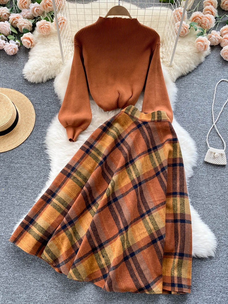 Ensemble Deux Pièces Vintage pour Femme, Pull à Manches sulf, Haut en Tricot + Jupe Longue à Carreaux Taille Haute, Costumes Élégants Orange, Automne et Hiver