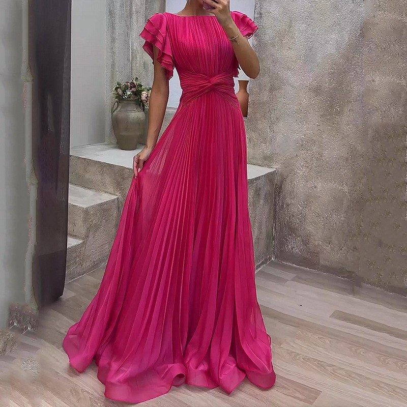 Robe de soirée élégante pour invitées de mariage, longue, coupe trapèze, à manches courtes, plissée, épaules dénudées, maxi, rose fuchsia uni