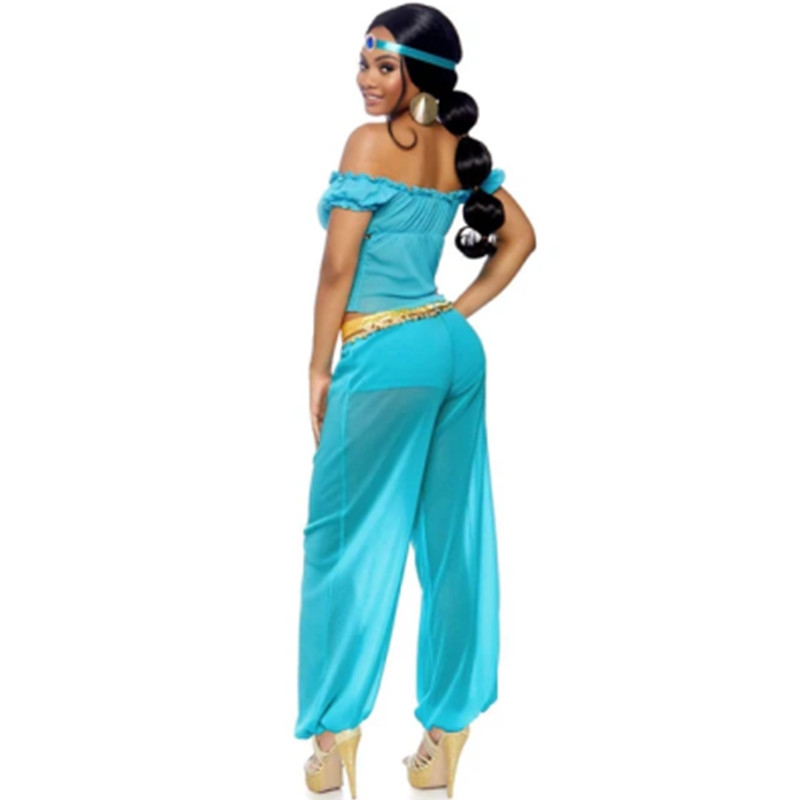 Costume de princesse arabe Jasmine pour femme, haut en maille transparente à épaules dénudées, pantalon ample de style Harem, ensemble avec bandeau, tenue de cosplay pour Halloween