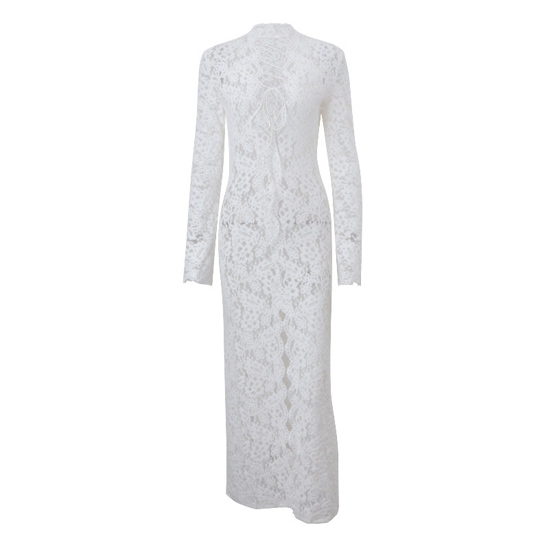 Femme robe vêtements col en v robe en dentelle blanche 2025 robes Para Mujer automne à lacets haute fente mince longues robes de soirée