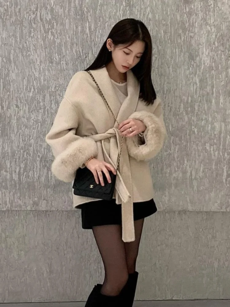 Manteau en laine à col roulé pour femme, élégant, col montant, bouton à une rangée de boutons, manteau ample avec nœud, manteaux de rue pour les déplacements quotidiens