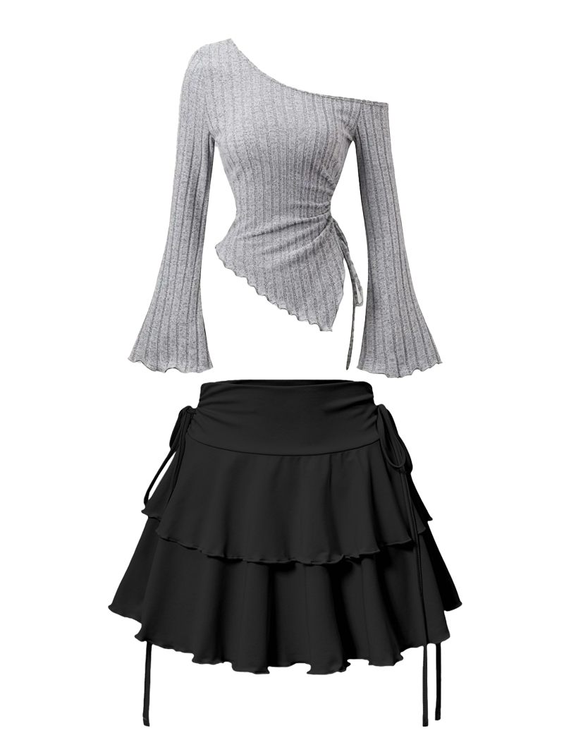 Demi-jupe d'été pour femmes, nouvelle mode, décontractée, élastique, taille haute, Slim, manches longues, épaules inclinées, T-shirt Sexy, 2 pièces