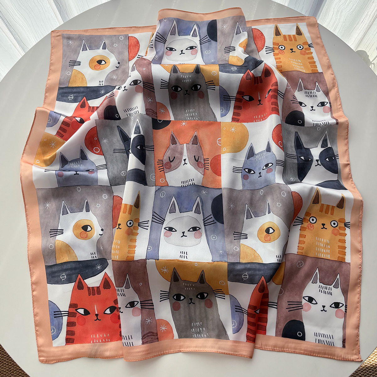 Foulard carré Imitation soie pour femmes, imprimé Animal chat, accessoires de mode, bandeau Foualrd Bandana
