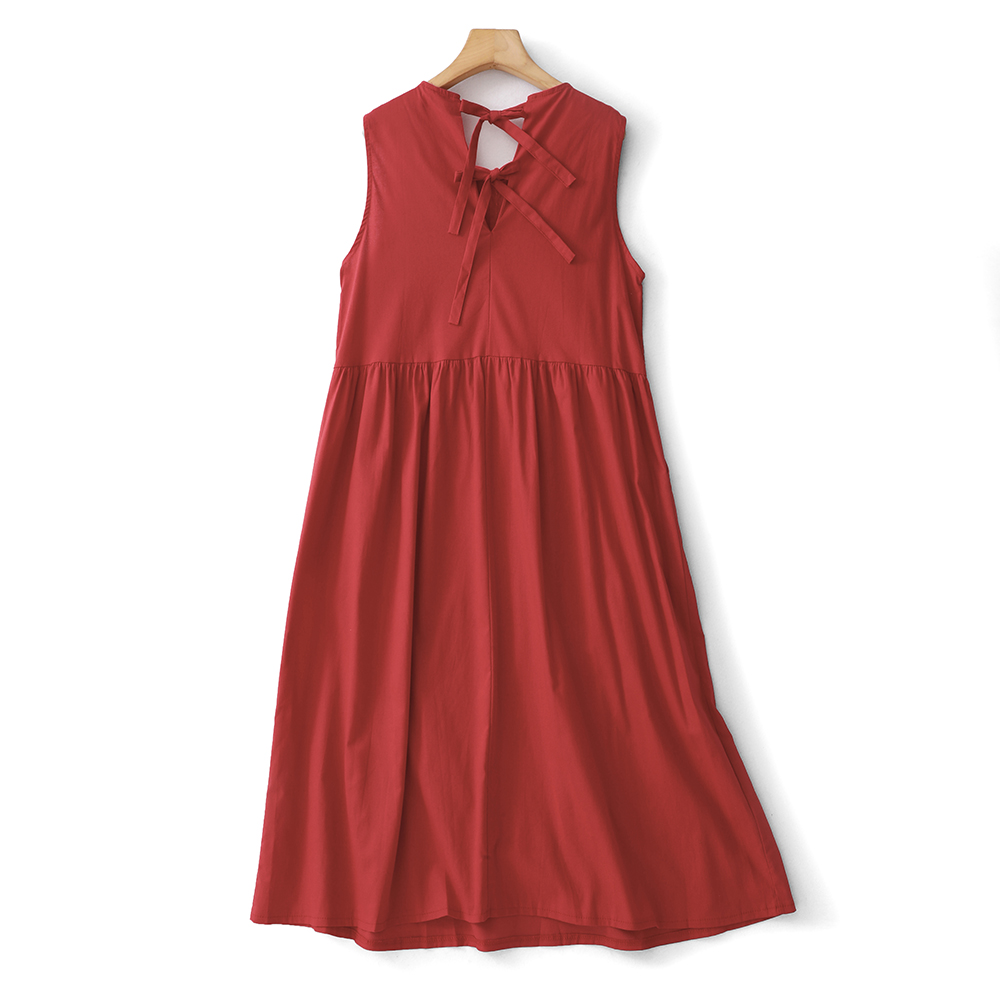 Robe d'été 100% coton pour femmes – Nouvelle robe de vacances dos nu de style coréen, rouge, mi-longue, robe décontractée sans manches