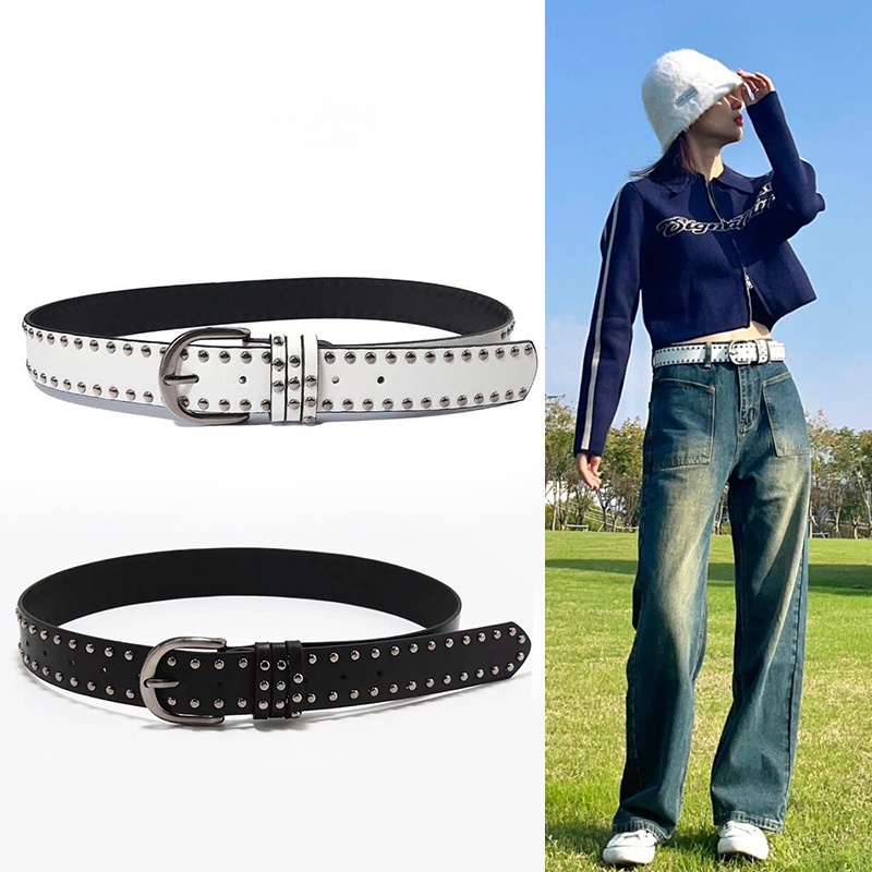 Ceinture en cuir noir et blanc de style punk pour femmes, à la mode, polyvalente, haut de gamme, en denim, avec rivets décoratifs, ceinture sexy