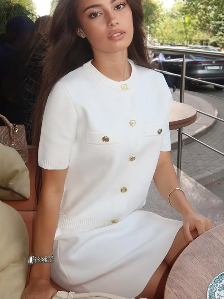 HH – costume élégant pour femmes, col rond, simple boutonnage, avec poche à manches courtes, haut tricoté + Mini jupe à taille élastique