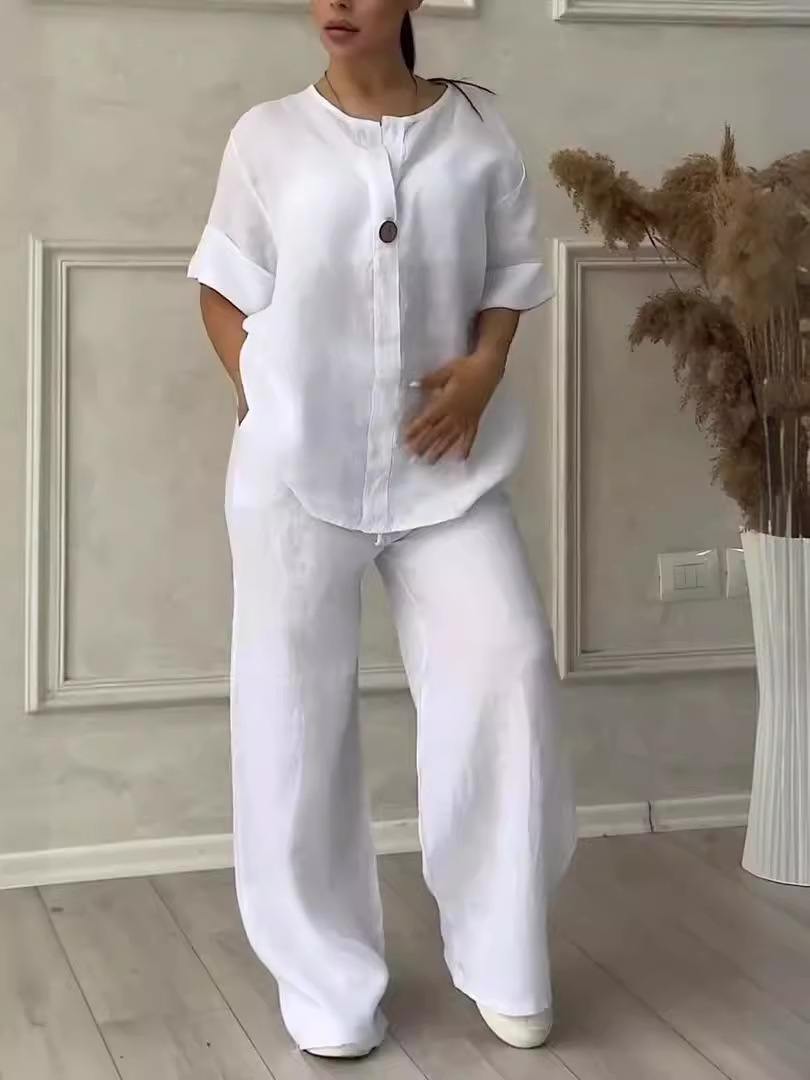 Ensembles musulmans femmes 2 pièces costume chemise pantalon à jambes larges tenues 2025 Ensemble bouton à lacets taille élastique Blouse pantalon droit