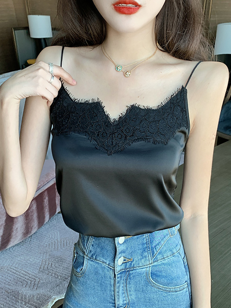 2026 Haut en soie à bretelles en dentelle pour femme, sexy, col halter en V, sans manches, crop top, débardeur en satin, sous-vêtement, caraco