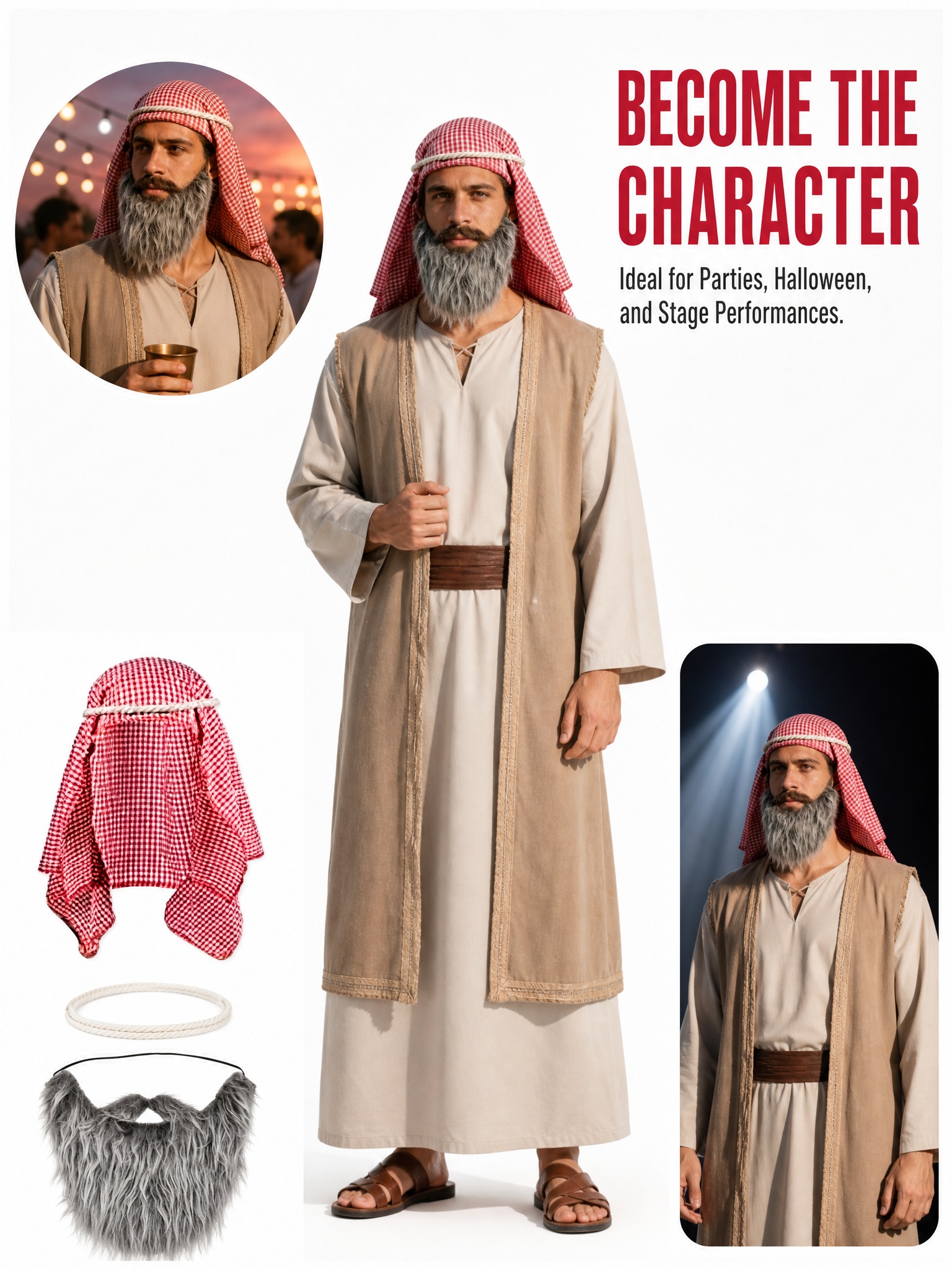 Ensemble de costume arabe pour homme, foulard Keffiyeh à carreaux rouge et blanc + fausse barbe grise, kit d'accessoires de cosplay pour Halloween, fête, carnaval