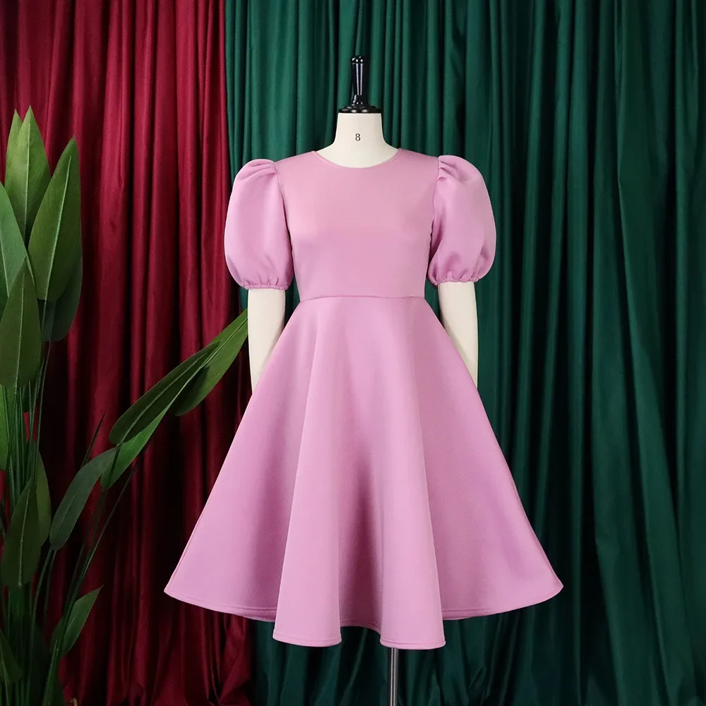 Robes élégantes pour femmes, col rond, manches courtes, taille haute plissée, mi-mollet, luxe féminin, fête d'anniversaire, robe éducative, 2024