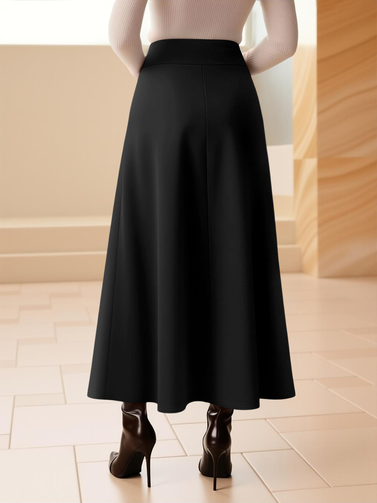 Jupe mi-longue à taille haute pour femmes, style évasé et fluide, tissu respirant pour tenues décontractées, sorties et dates, couleurs classiques