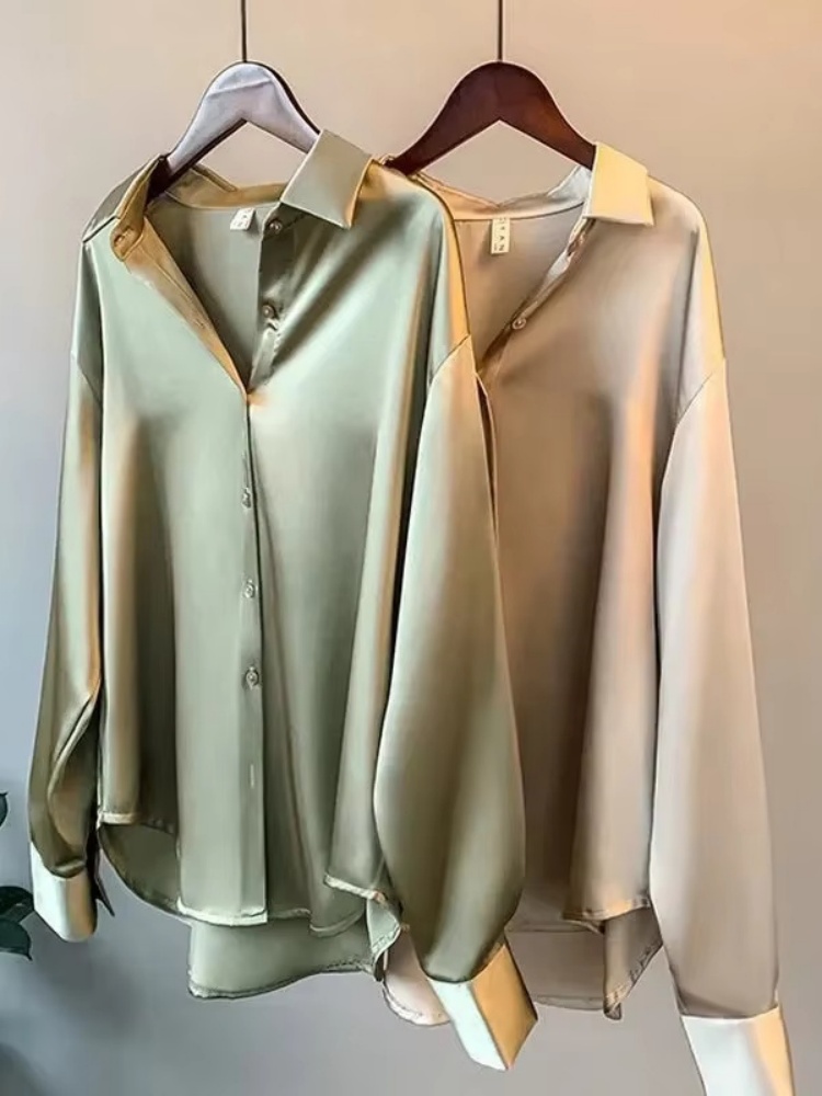 Chemisier ample élégant en satin pour femme 2026, col rabattu, style vintage décontracté, boutonné, en soie, pour le printemps et l'automne