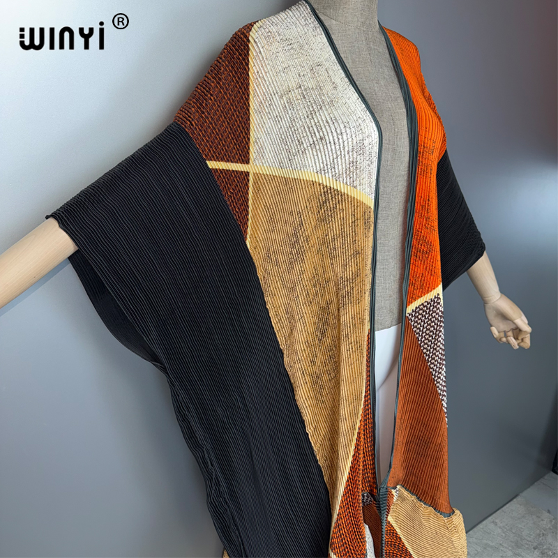 Kimono WINYI tendance pour femme, cardigan plissé imprimé, long manteau abaya, vêtement de plage de luxe Dubaï, robe bohème, caftan