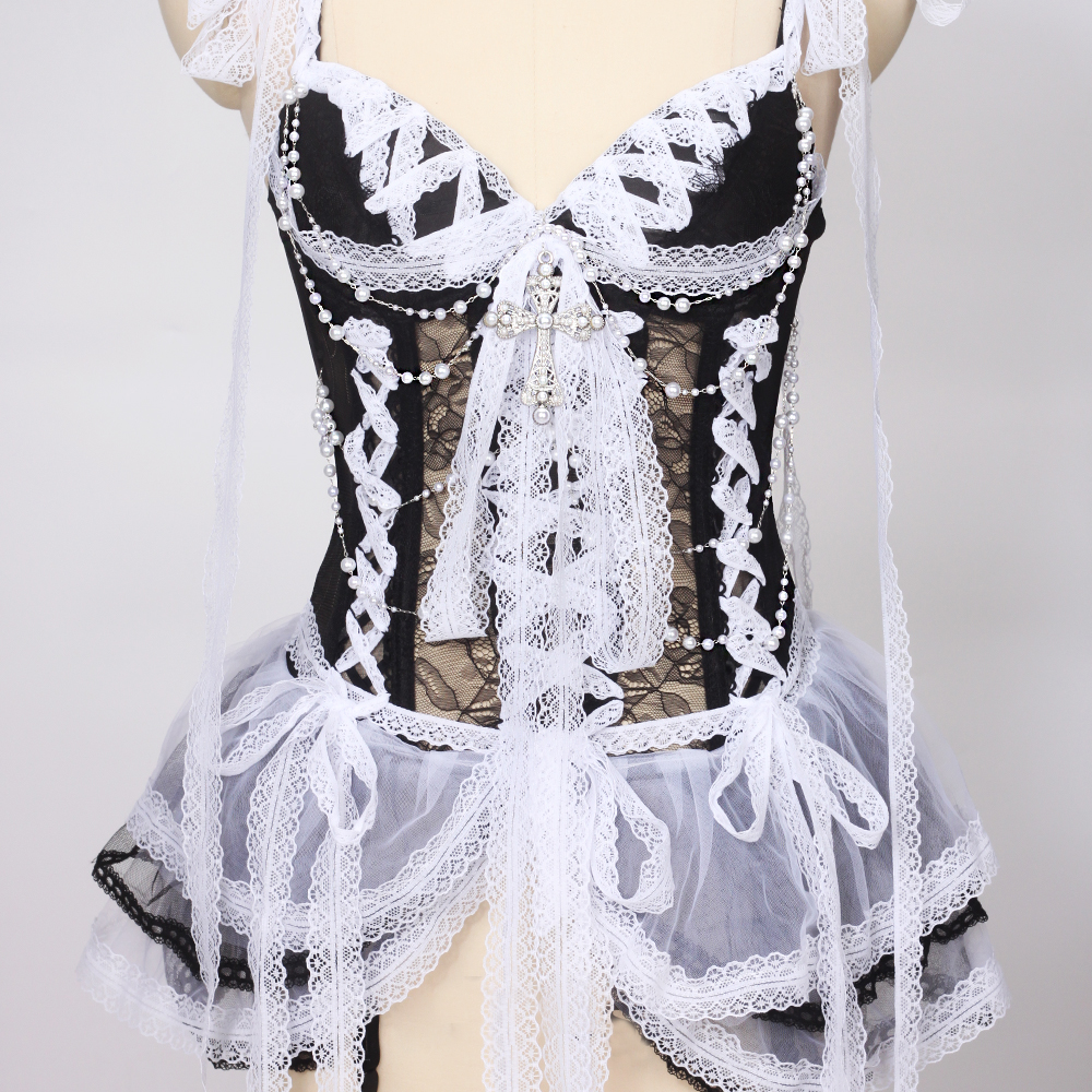 Robe Gothique Noire pour Femme Y2K Rave Cyber Punk Rock Star Goth Croix Dentelle Scène Emo ALT Grunge E-Girls Lolita Robe de Bal Vêtements