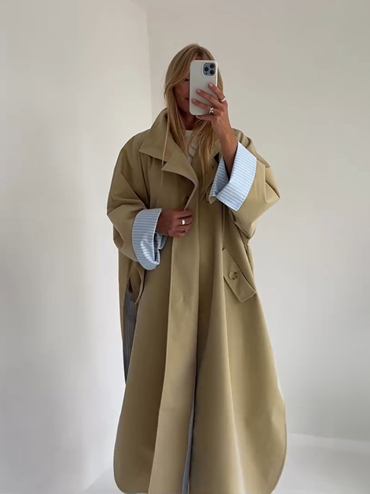 Manteau long décontracté uni pour femme, coupe ample, manches longues, à simple boutonnage, col montant, style patchwork, veste d'automne 2026 pour femme.