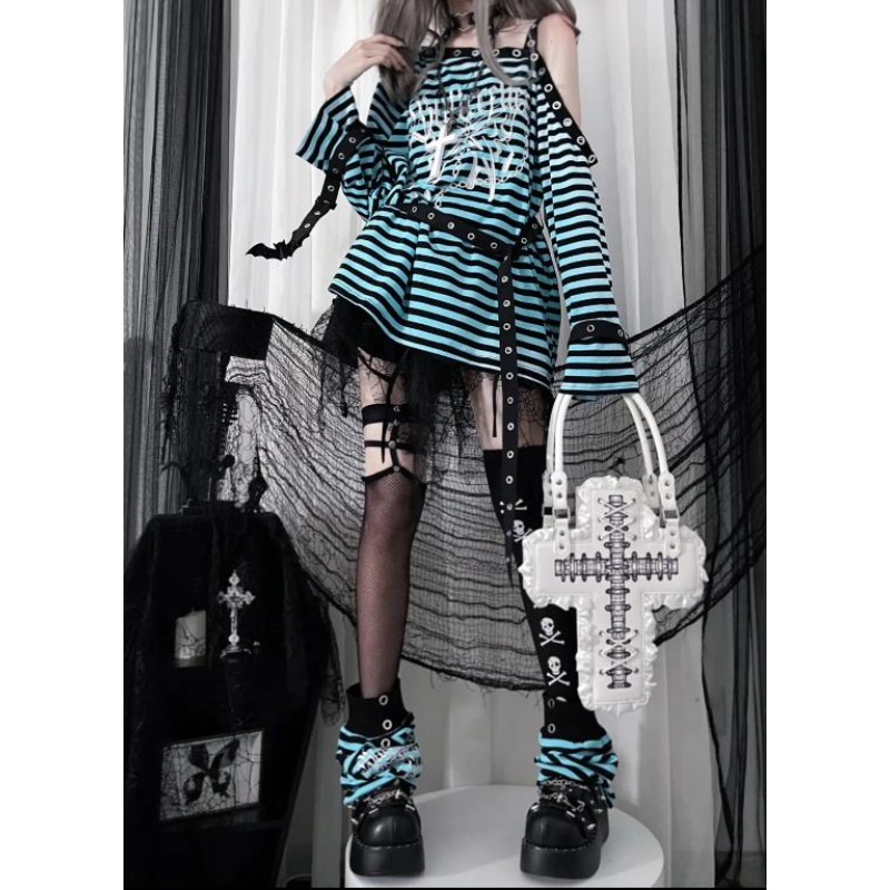 Chemise Longue à Manches sulfpour Fille, Style Gothique, Blouse Punk, Sous-culture Papillon, à Rayures Bleues et Rouges