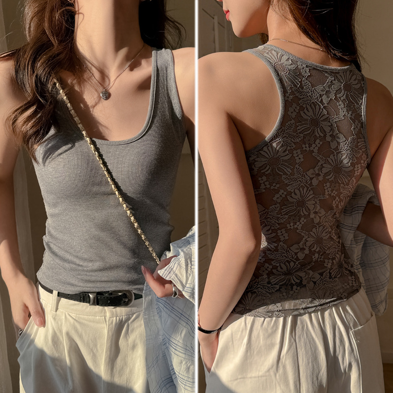 Débardeur Femme Coréen Uni en Dentelle, Tendance Été, Sans Manches, Col U, pour Vacances, en Coton Respirant