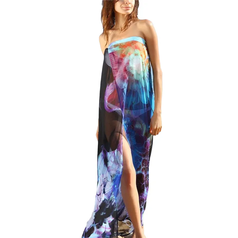 Robe de plage longue sans manches et sans bretelles pour femmes, style tie-dye jaune, bleu et noir, par Bikini Beach Cover Ups.