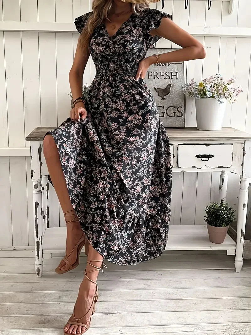 Grande taille 1XL-5XL femmes mode été imprimé fleuri col en v à volants ourlet robe dames à manches courtes élégante robe évasée robe longue