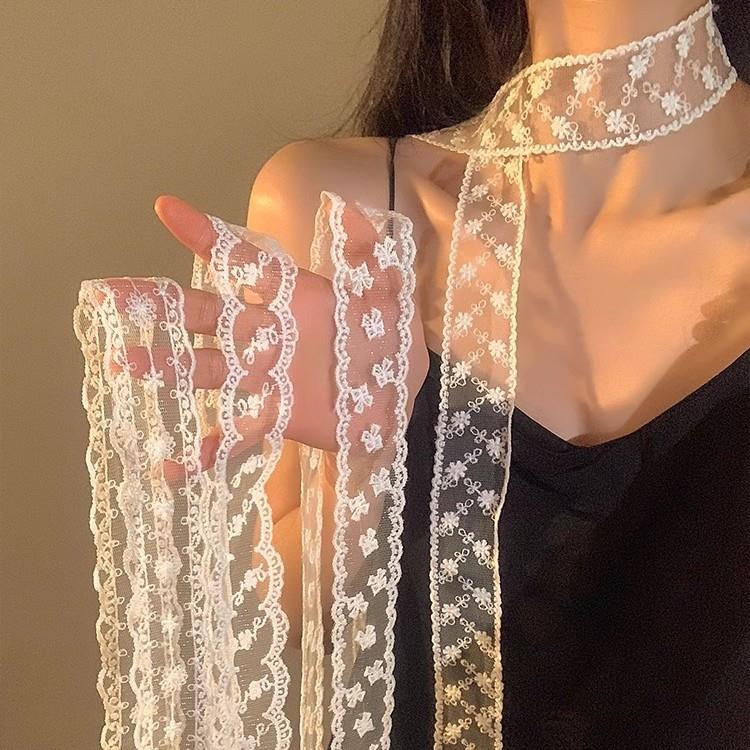Foulard en dentelle avec ruban Long brodé, 128-180cm, enveloppe en dentelle pour femmes, bandeaux de poignet, Foulard doux