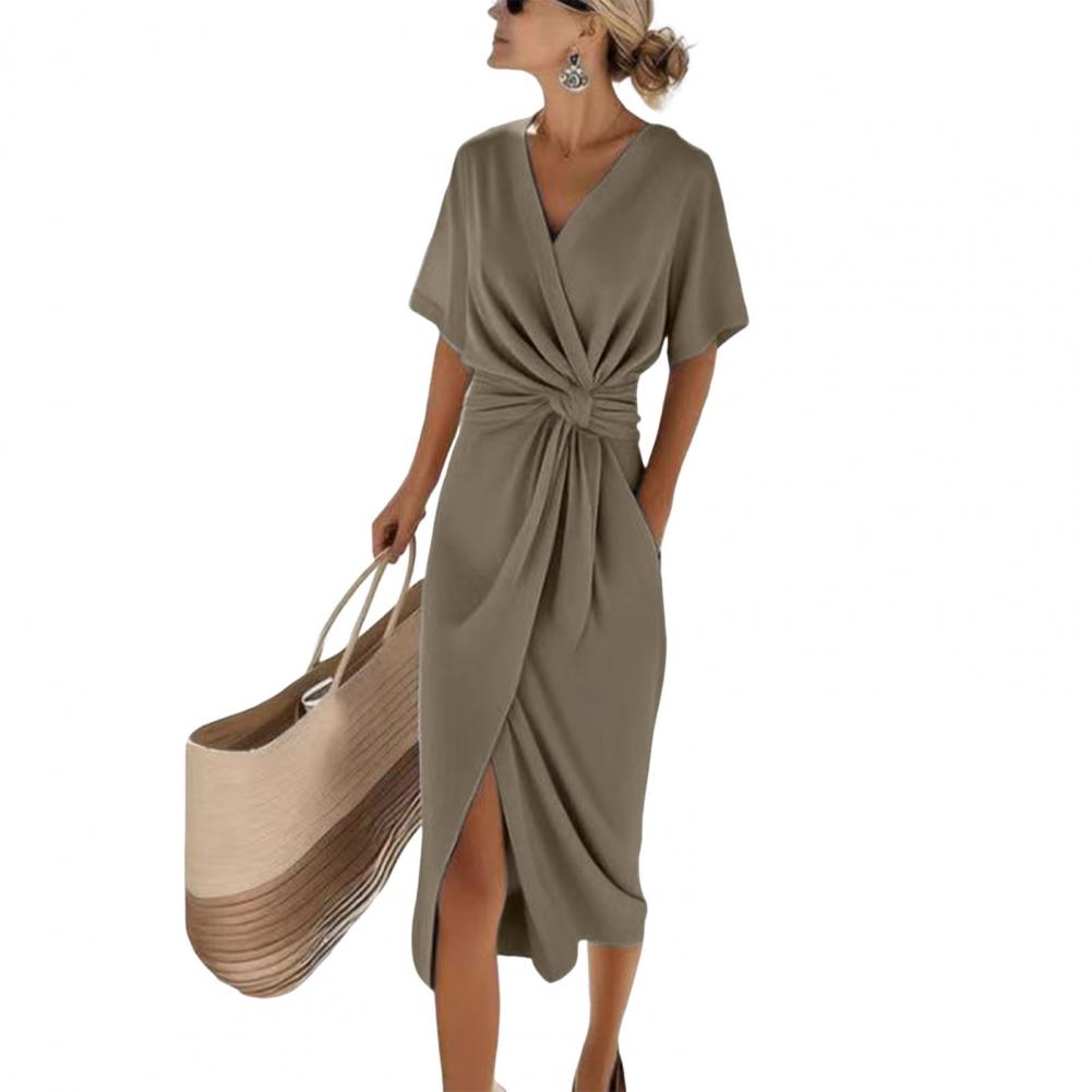 Robes pour femmes à manches courtes, col en V, robe formelle décontractée, coupe ample, couleur unie, robe de soirée pour les vacances, cocktail