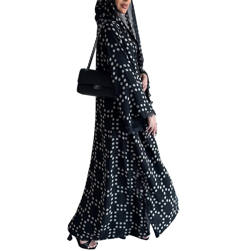 Nouvelle Abaya Cardigan en Chiffon à Pois pour Femmes du Moyen-Orient avec Voile et Dentelle, Robe Longue Tendance